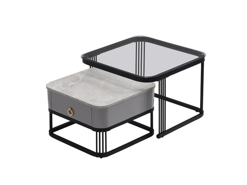  Tables basses gigognes avec 2 tiroirs, plateau effet marbre et verre, en mdf, noir et gris - uvrion  - Conforama A