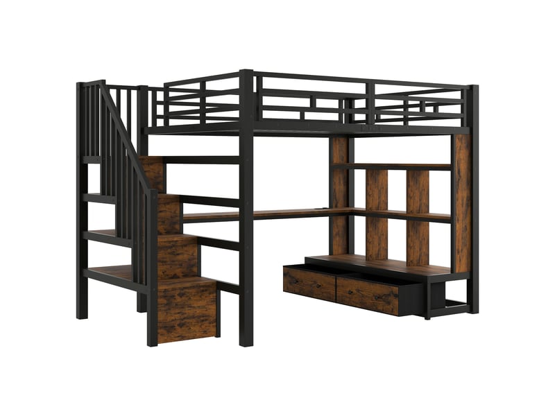 Lit mezzanine 140x200 cm avec bureau et rangements, escalier avec rangement et 2 tiroirs, led intégrée, métal noir - Conforama D