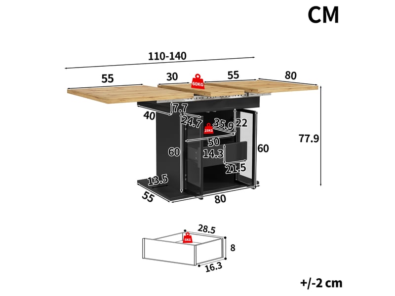  Table à manger extensible led 110-140 cm, 2 tiroirs, portes vitrées coulissantes, rangement intégré, noir et naturel Sol Morn - Conforama C