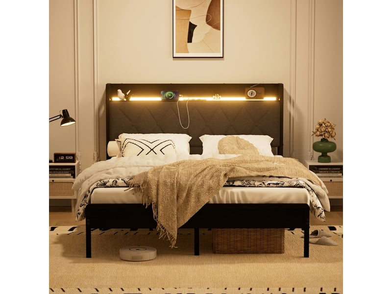  Lit 140x190 noir gris avec rangement sous lit, tête de lit capitonnée et station de charge sans matelas  - Conforama B