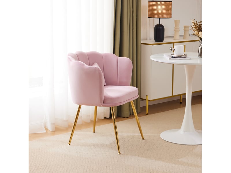  Fauteuil de salon design 63x58x77 cm, dossier pétale, coussin papillon, pieds en métal doré, velours rose  - Conforama D