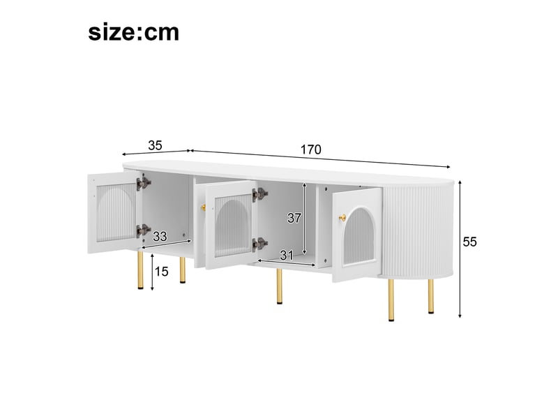  Meuble tv 170 x 35 x 55 cm, 4 portes vitrées, passe-câbles, côtés arrondis, poignées et pieds dorés, blanc, en mdf, rangement pour salon CARDUME ESTIVAL - Conforama C
