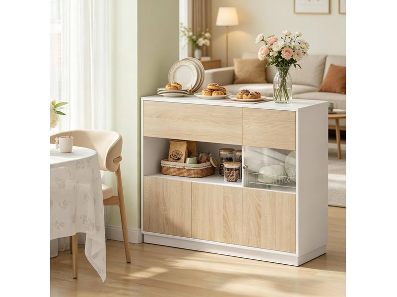  Buffet 100 x 80 x 40 cm blanc et chêne clair en bois d'ingénierie, rangement pour entrée et cuisine  - Conforama D