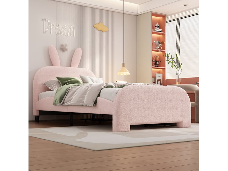  Lit enfant 90x200cm avec 2 tiroirs de rangement, design en forme de lapin cartoon, plush et mdf, rose, sans matelas  - Conforama C