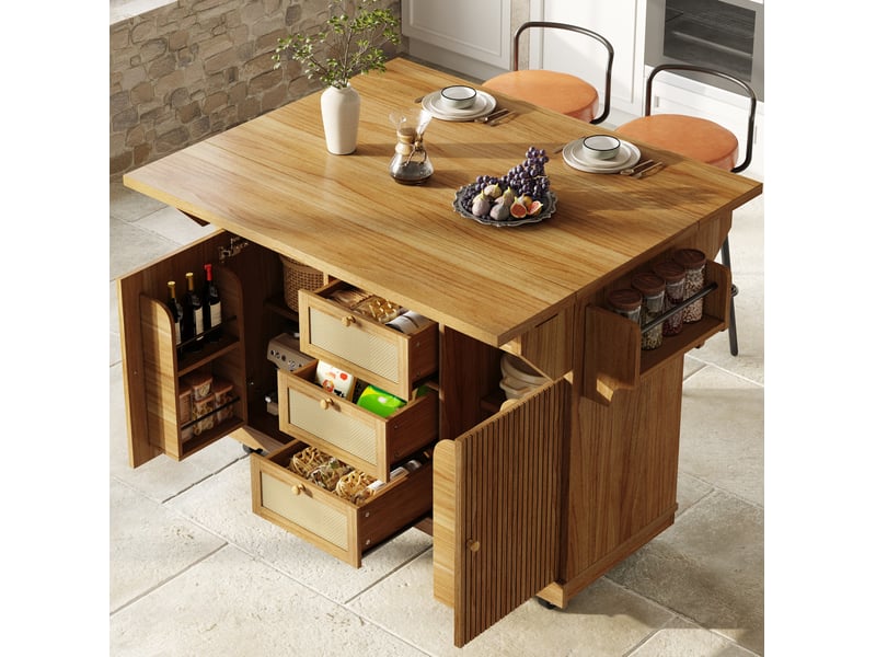  Desserte de cuisine pliable 142,5 x 80 x 95 cm marron foncé en mdf, à roulettes avec rangements pratiques  - Conforama B