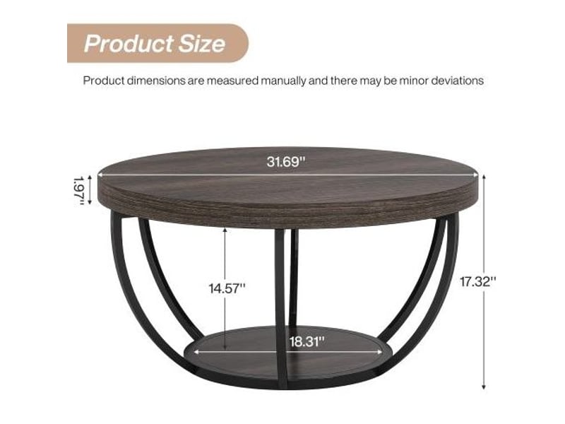  Table basse ronde à 2 niveaux avec plateau en bois et piètement métal, pour salon, finition grise contemporaine  - Conforama E