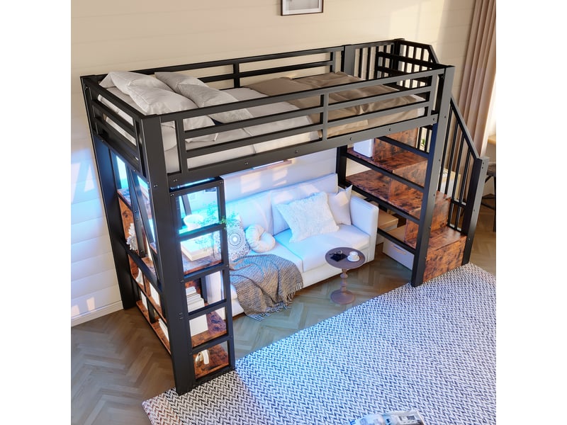  Lit mezzanine 90x200 cm coloris noir led métal lit enfant noir - Conforama E