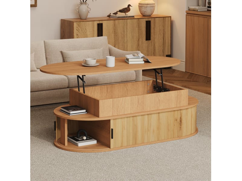  Table basse ovale relevable 100x50x40 cm coloris bois avec rangement  - Conforama B