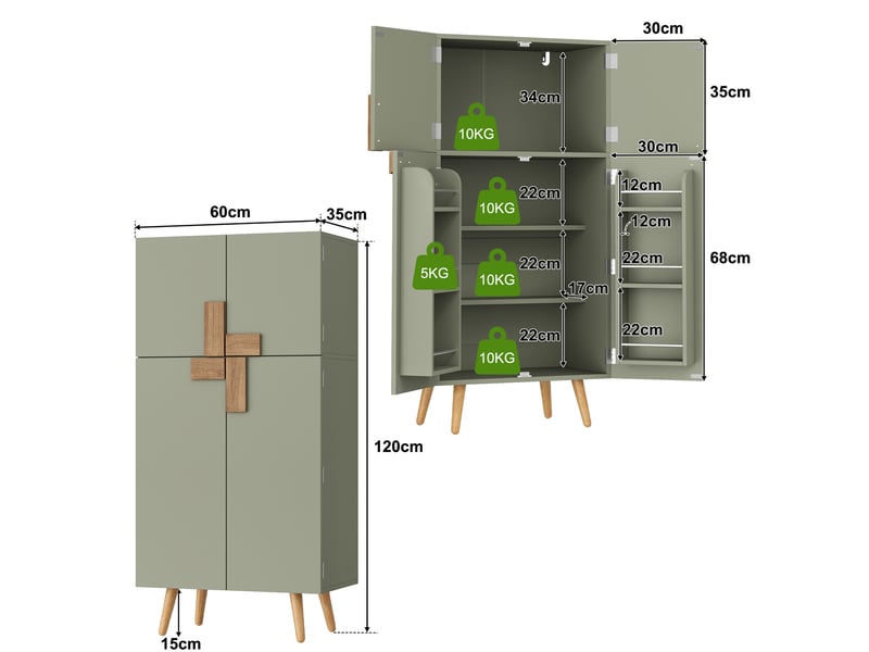 Armoire de cuisine 4 portes avec étagères réglables 60x35x120 cm vert mdf - Conforama C