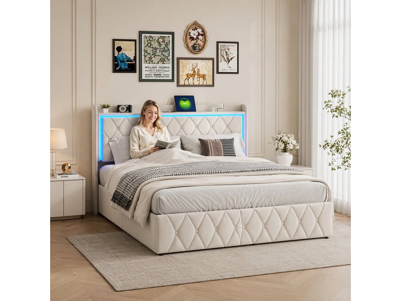  Lit coffre 160 x 200 cm,lit double avec led et chargement usb, lit adulte 160 x 200 cm, sommier à lattes, velours, beige  - Conforama D