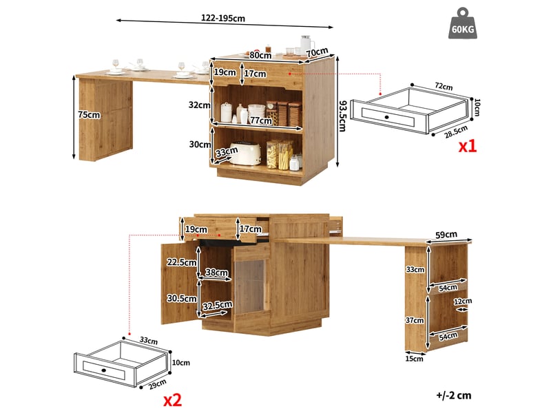  Desserte de cuisine avec table extensible, rangements et led pour cuisine et salle à manger 122-195 × 70 × 93,5 cm  - Conforama D