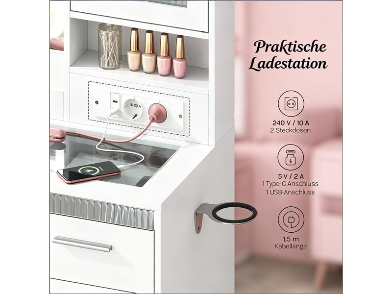  Coiffeuse avec miroir led, 9 tiroirs, 2 armoires et étagères réglables, prise usb type c, chambre, blanc  - Conforama E