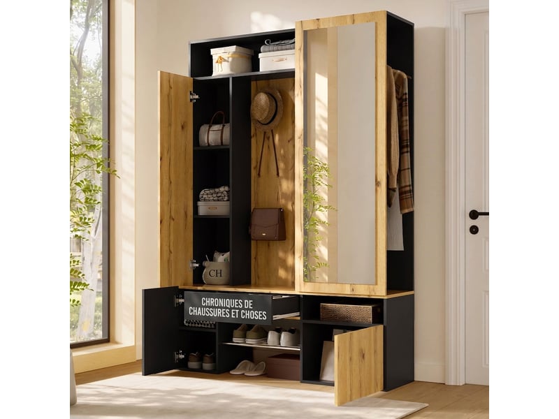  Vestiaire d'entrée avec miroir et penderie mdf noir et naturel 127x180.5cm  - Conforama C