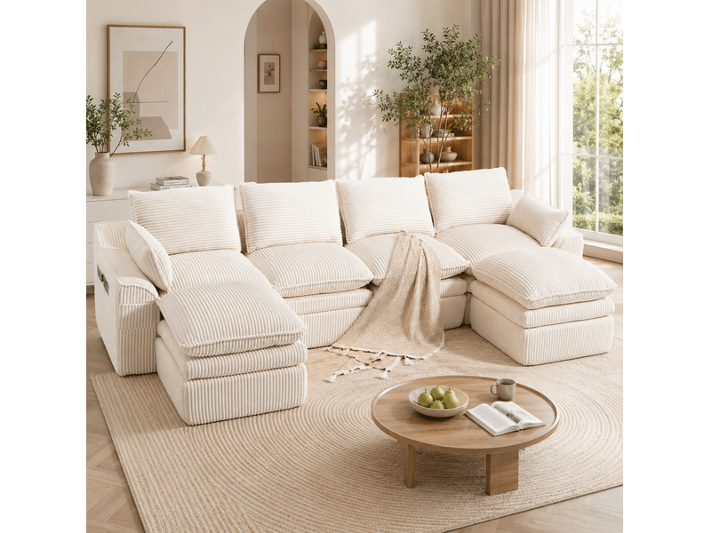  Canapé droit modulable 4 places en velours côtelé beige avec 2 poufs, poches latérales et coussins confortables  - Conforama E