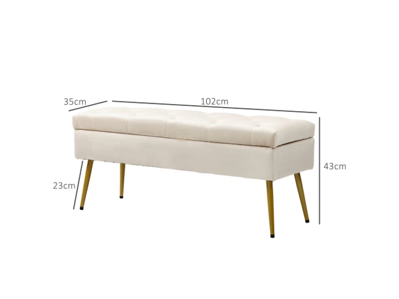  Banc coffre beige effet velours, couvercle, cadre métallique, rangement, 102x35x43 cm  - Conforama C