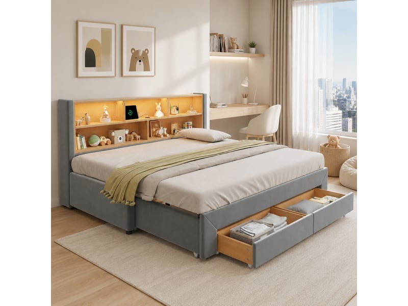  Lit double 180x200 cm avec tiroirs, ports usb et usb c, led en velours gris  - Conforama C