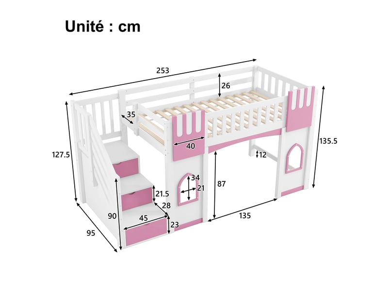  Lit mezzanine lit mezzanine 90x200 cm avec échelle et rangement - 2 fenêtres en mdf + kiefer - sans matelas, blanc et rose  - Conforama C