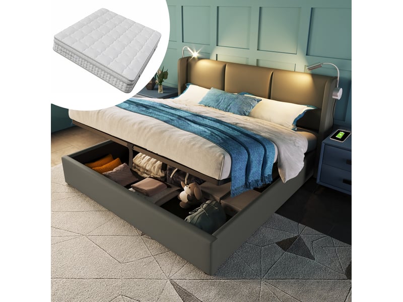  Elvmi lit coffre capitonné 160x200 cm en pu gris avec tête de lit, liseuse orientable, fonction de charge usb, sommier relevable à lattes en bois massif, structure métal, grand espace de rangement, design moderne pour chambre ad…  - Conforama D