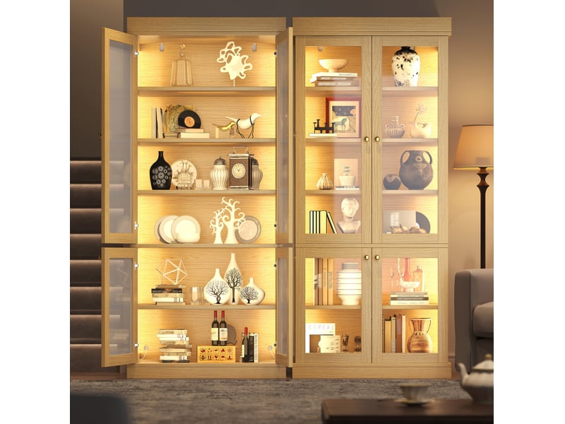  Lot de 2 vitrines hautes avec éclairage led réglable, portes en verre, rangement modulable, aspect bois naturel  - Conforama E