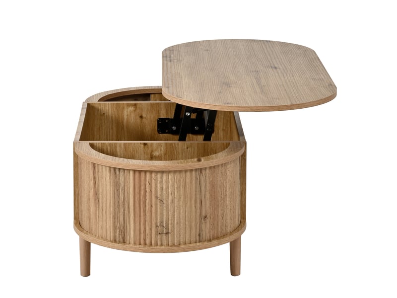  Table basse ovale relevable avec rangement compartimenté, effet ondulé, plateau réglable, table d’appoint multifonction, mdf, pieds pin massif, chêne OPULERANE TRADING LTD - Conforama E