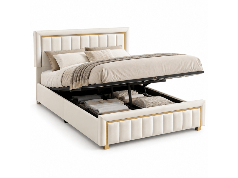 Lit coffre adulte 140x190 cm - lit rembourré avec sommier à lattes et espace de rangement hydraulique - 2 personnes - velours beige - Conforama A