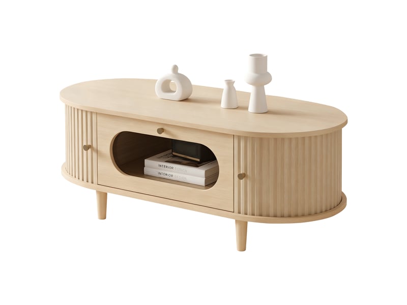  Table basse 100x50x36 cm bois clair, 1 tiroir à façade vitrée, portes tambour et 4 pieds Fay Lum - Conforama A
