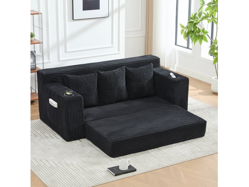 Canapé modulaire 2 places convertible en coussins, avec porte-boissons et poches latérales en velours côtelé noir - Conforama C