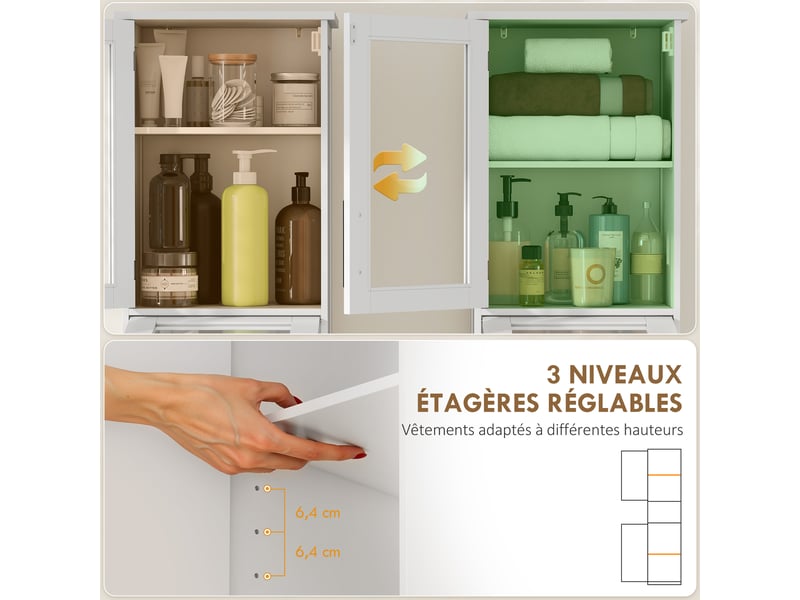  Meuble colonne salle de bain, meuble de rangement avec tiroir, 2 portes et étagère réglable, blanc, 40 x 31 x 170 cm  - Conforama E