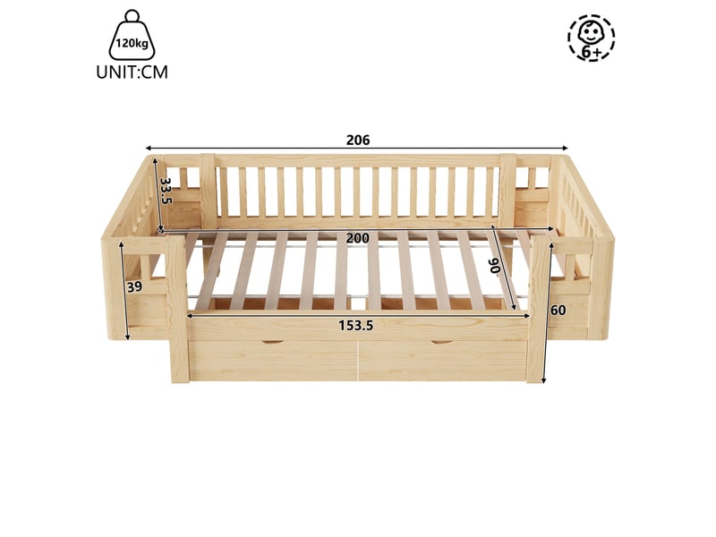  Lit enfant avec tiroirs modenvie 90 x 200 cm, barrière de sécurité, bois et mdf, coloris bois  - Conforama C