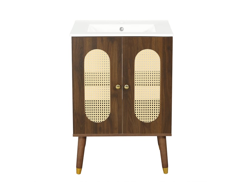  Meuble sous-vasque sur pieds 61 cm noyer, céramique et mdf, portes en rotin, étagères fixes et fermeture douce  - Conforama A