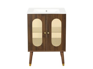 Meuble sous-vasque sur pieds 61 cm noyer, céramique et mdf, portes en rotin, étagères fixes et fermeture douce