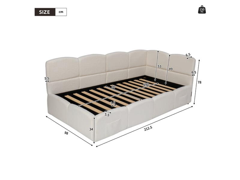  Lit banquette coffre rembourré 90x200 cm avec ouverture hydraulique, usb-a et usb-c, poches latérales, sommier à lattes, bouclé beige Radiant Stride - Conforama C