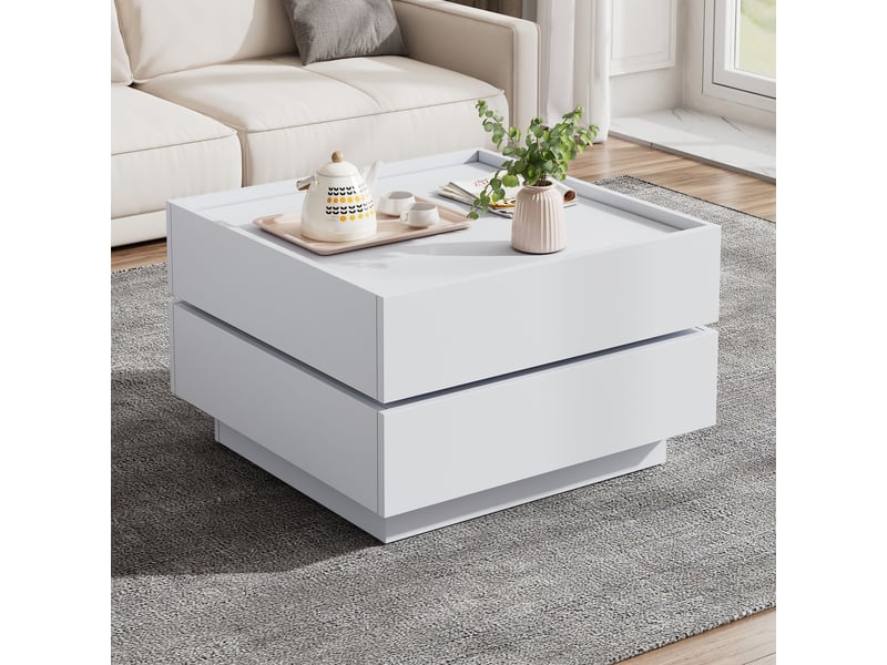  Table basse pivotante 360 avec 2 tiroirs, table basse carrée 60x60 cm en panneaux de particules, table de salon blanche  - Conforama R