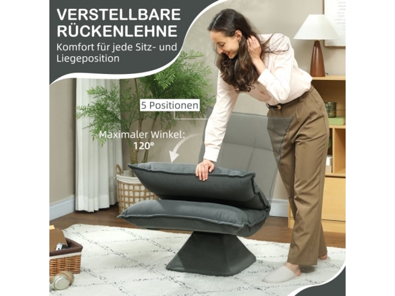  Fauteuil de sol pivotant 360° gris foncé, dossier réglable 5 positions, pliable et rembourré  - Conforama E