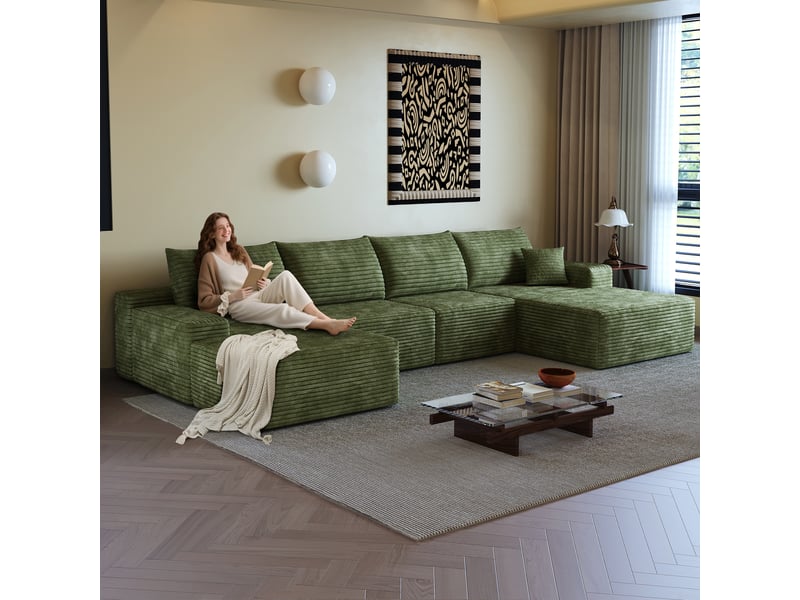 Canapé d'angle modulable 340 cm avec méridienne en l, canapé 5 places vert en velours côtelé, assise profonde - Conforama E