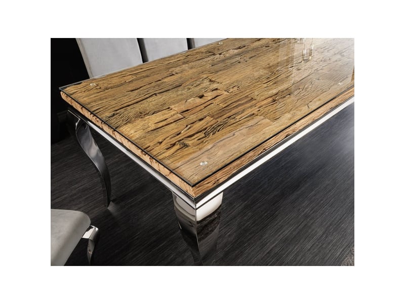 Table de salle à manger velena – rectangulaire 200 cm – bois de teck, verre et acier argenté – style baroque chic - Conforama D