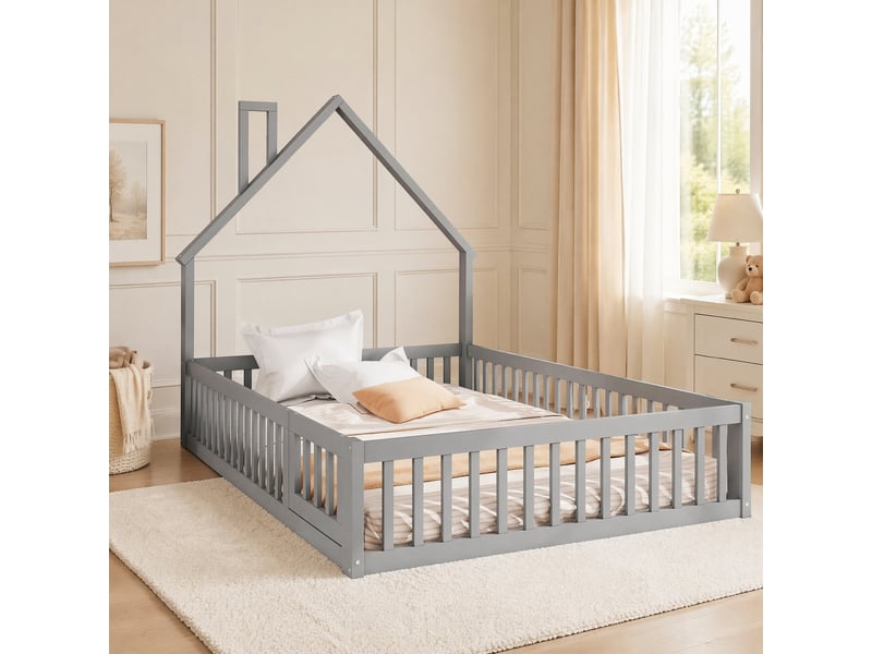  Lit enfant 140 x 200 cm en forme de maison avec cheminée, sommier à 8 lattes, gris  - Conforama B