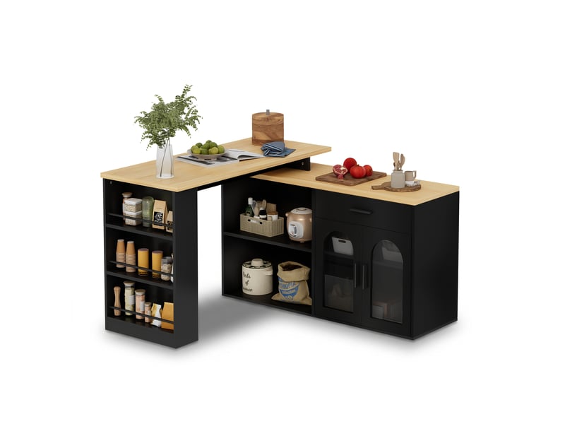  Desserte de cuisine 120x50x78 cm, avec plateau pivotant, rangement en mélaminé, meuble de cuisine, couleur noir et bois  - Conforama A