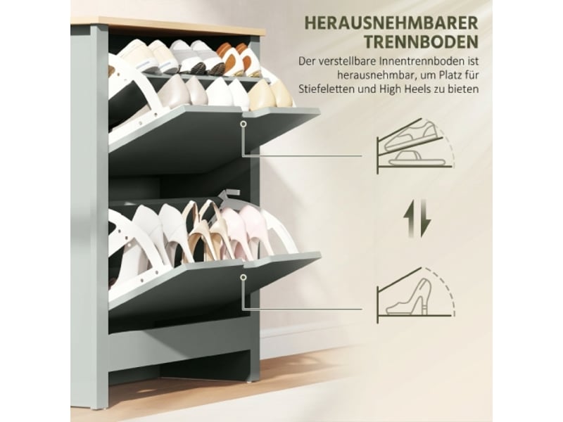  Meuble à chaussures 2 abattants gris clair 72x26x80 cm avec cloison réglable pour 8-12 paires  - Conforama D