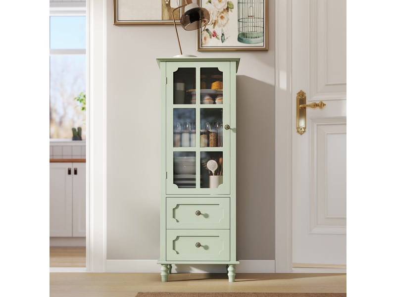  Buffet - 50x40x133 cm - meuble de rangement haut avec porte vitrée et 2 tiroirs, vitrine et buffet de cuisine - vert  - Conforama B
