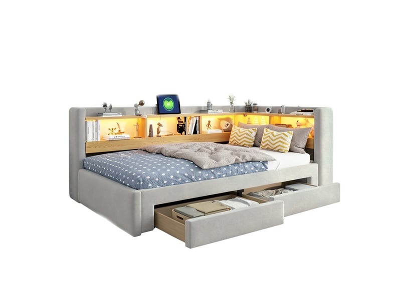  Lit gigogne 90x200 cm extensible avec led et prise en mdf et métal couleur gris sans matelas, design moderne  - Conforama A