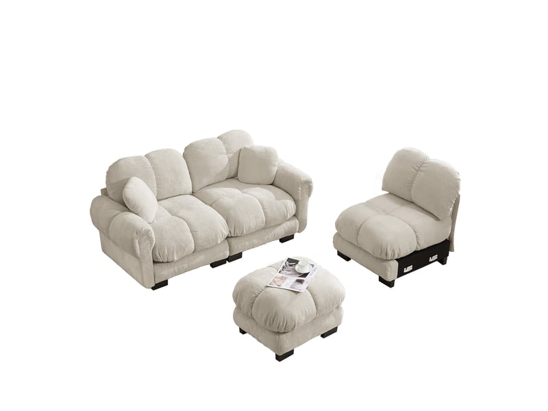  Canapé en l 3 places nuageux avec ottomane mobile &amp; 2 coussins déco  - Conforama A