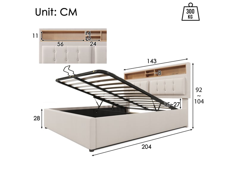  Lit double avec rangement en lin beige clair 140 x 200 cm avec matelas  - Conforama E