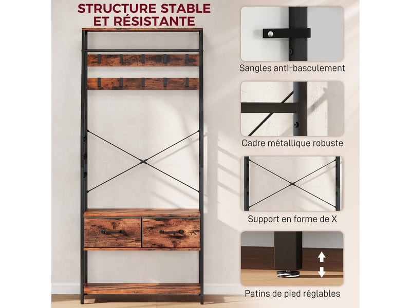  Meuble d'entrée 6 en 1 portemanteau tringle à vêtements étagère 10 crochet 2 tiroirs 80 x 30 x 180 cm brun rustique  - Conforama W