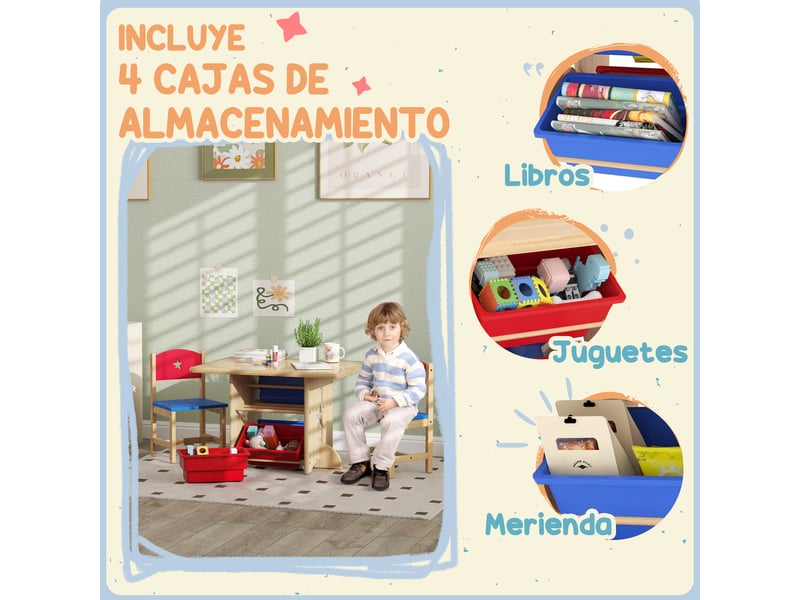  Table enfant avec 2 chaises et 4 paniers de rangement, ensemble de mobilier pour enfants de 3 ans et plus, couleur naturelle  - Conforama E