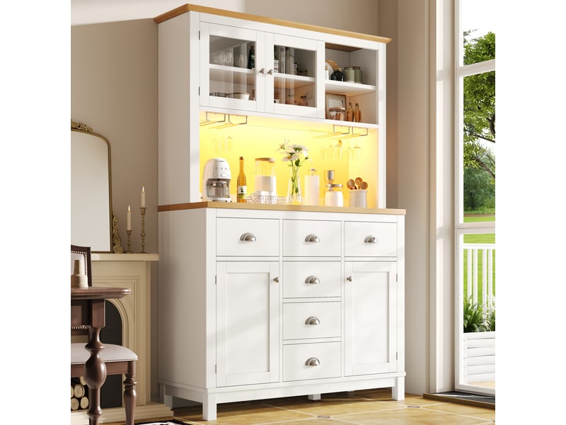Buffet haut 104x40x180 cm blanc, meuble de rangement style campagne avec 4 portes, led, porte-bouteilles, étagères et grand espace de stockage - Conforama C