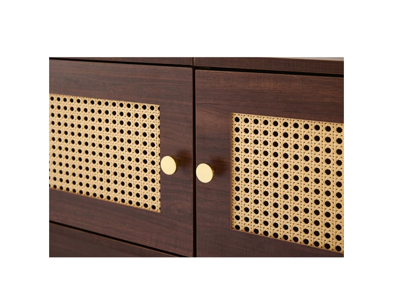  Meuble tv 180x35x44 cm avec 4 tiroirs et portes rotin, marron  - Conforama E