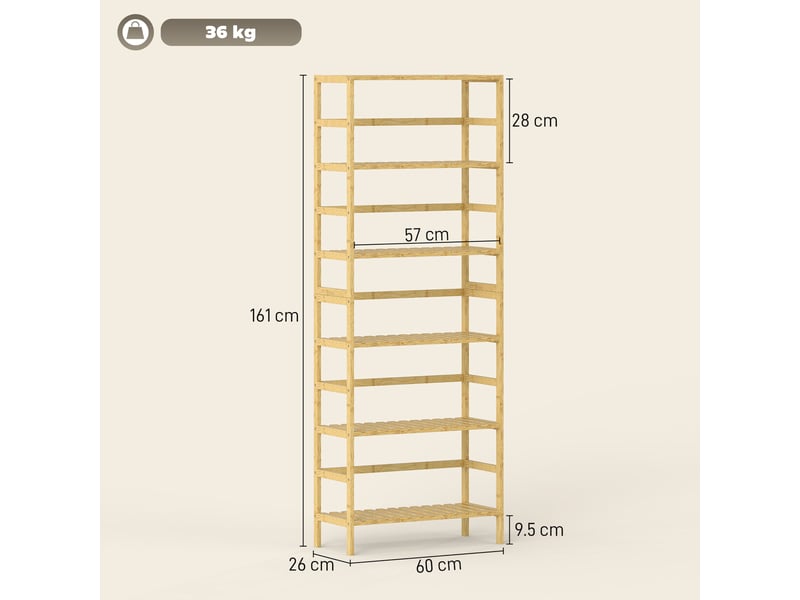  Bibliothèque en bambou à 6 niveaux avec étagères réglables, 60 x 26 x 161 cm, bois naturel  - Conforama E