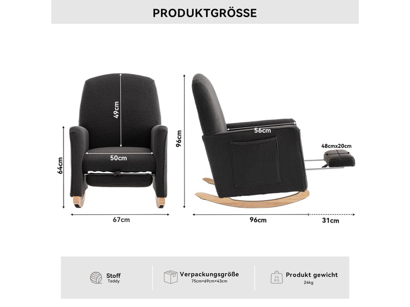  Fauteuil à bascule avec repose-pieds tissu peluche gris foncé dossier haut salon  - Conforama C