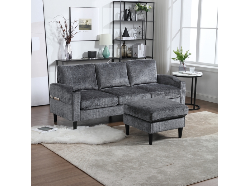  Canapé 4 places 196,5 x 75 x 77 cm avec pouf, rangement, accoudoirs confortables, porte-gobelets, poches latérales, pieds plastique, velours , gris Bliss Lite - Conforama D